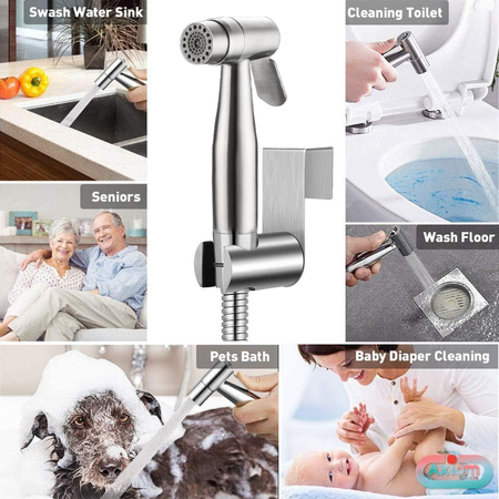 Axiomdeals Toilet Dual Mode Jet Spray Fresh Water Stainless Steel Handheld Bidet Shattaf Silver