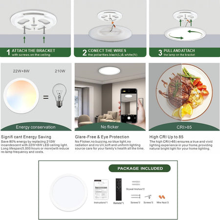 Axiomdeals 12" LED 5CCT Ceiling Light Flush Mount  with Colorful Night Light,22W+8W Dimmable