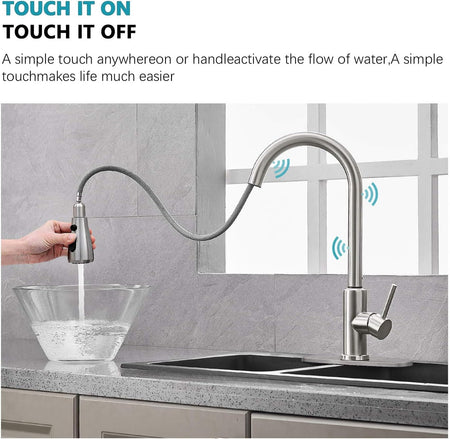 Axiomdeals Touch Sensor Kitchen Faucet with Pull Down Sprayer | Stainless Steel Brushed Nickel