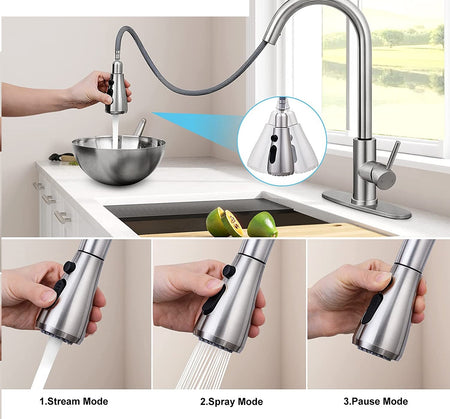 Axiomdeals Stainless Steel High Arc Kitchen Sink Faucet | Single Handle | Fits 1-Hole-3-Hole Sinks | 360 Degree Handle| Pull Down Sprayer (Silver)