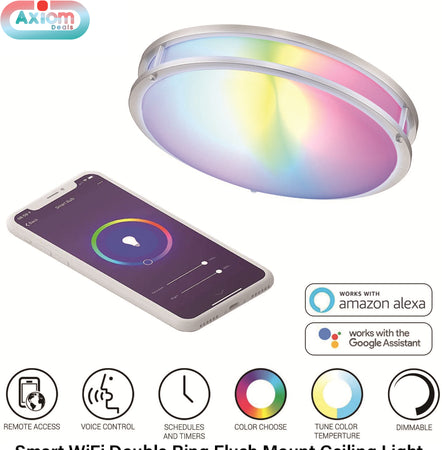 Axiomdeals WiFi Smart 14" LED Flush Mounts Ceiling Lights Color Changing RGB/Yellow/Daylight Double-Ring 25W
